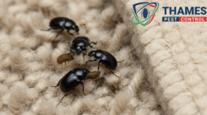Black carpet beetles crawling on carpet fibers, causing visible damage