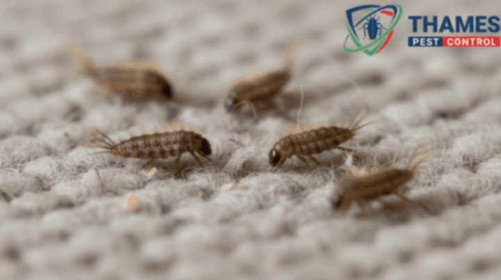 Bristly carpet beetle larvae feeding on carpet fibers