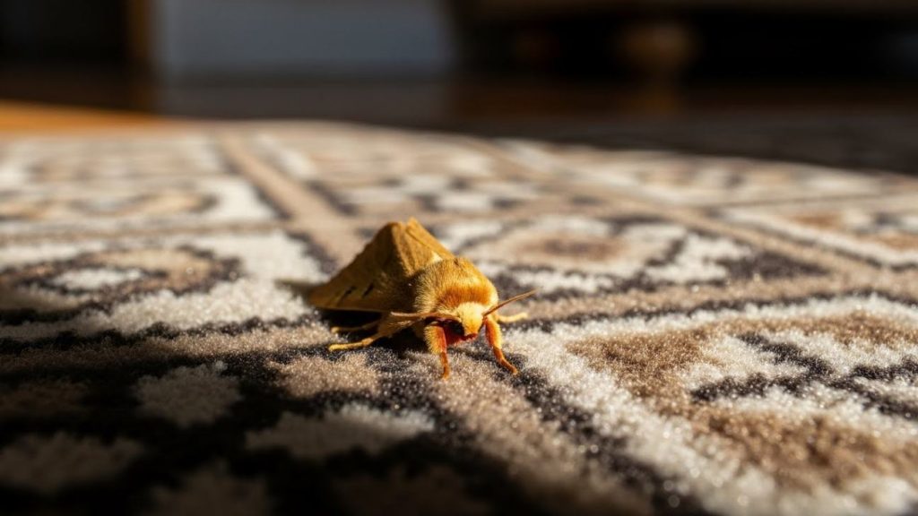 Moths 2 Carpet moth crawling across patterned wool carpet with visible looped fibers.