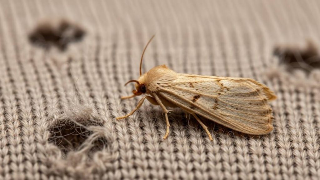 Moths 1 Clothes moth on a damaged knitted sweater showing fabric holes and textile fiber deterioration.