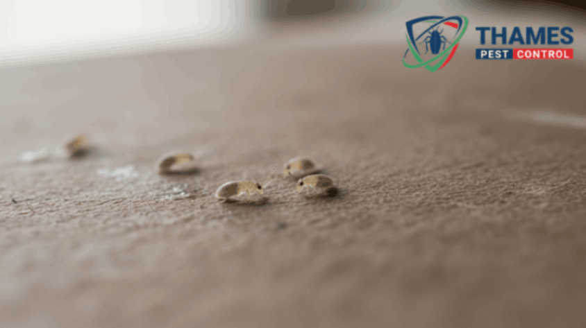 Common booklice on a slightly damp surface, showing tiny pale insects in a clean indoor environment