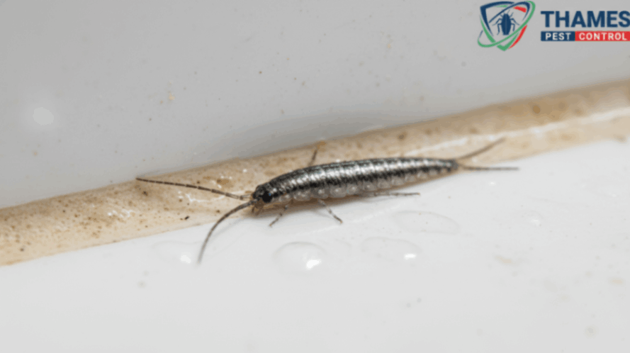 Common silverfish (Lepisma saccharinum) on bathroom tiles, showing silvery scales and long antennae