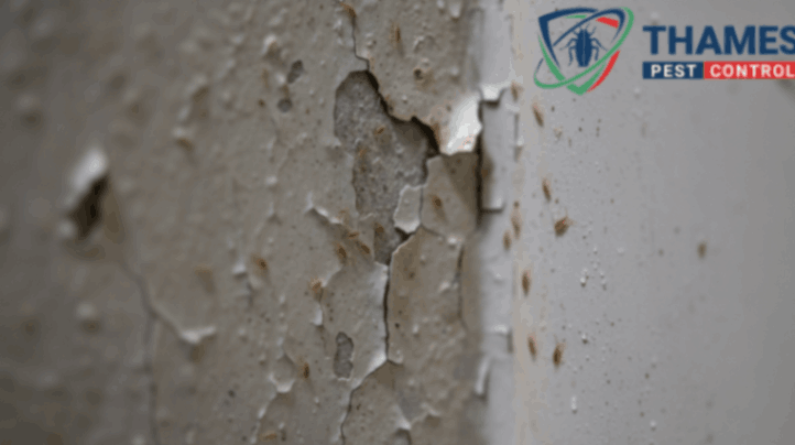 Booklice on a damp bathroom wall with visible moisture and humidity damage