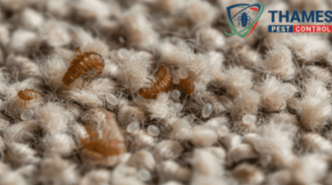 Carpet beetle eggs, shed skins, and feeding marks on carpet fibers