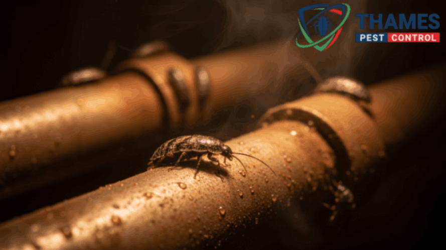 Firebrat near warm pipes or heaters, showing mottled brown-grey body and bristly texture