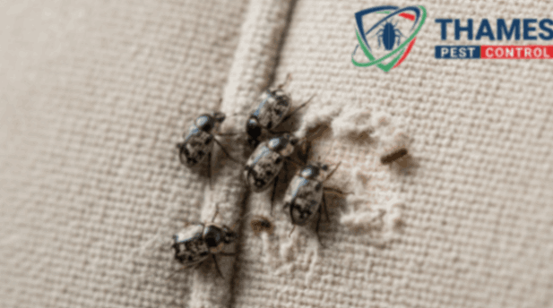 Furniture carpet beetles crawling along upholstered fabric seams with visible fibre wear.