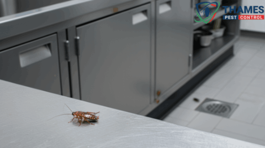 Few cockroaches in a commercial kitchen setting, realistic image showing infestation near appliances