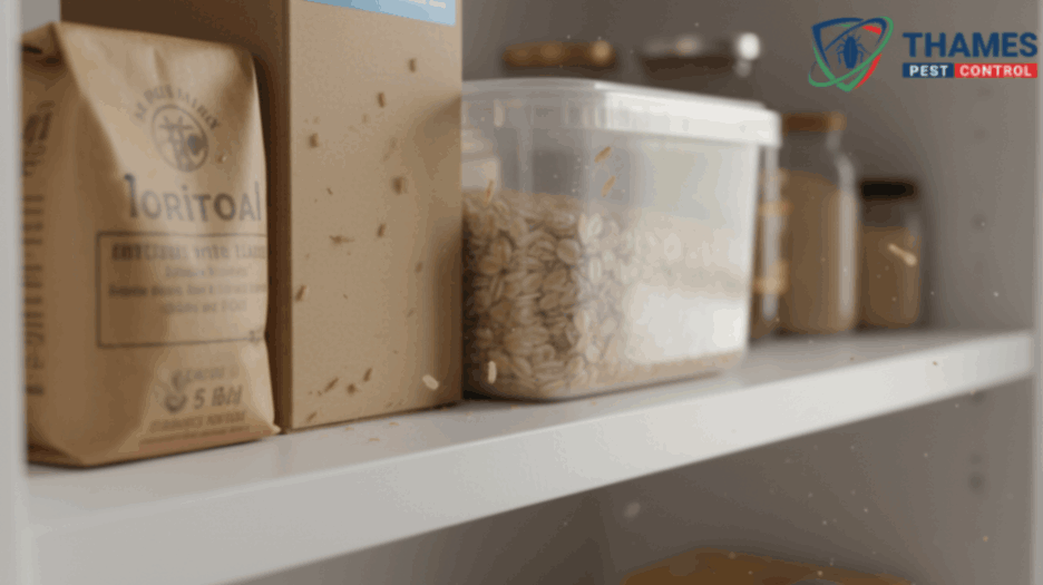Booklice on pantry shelves and cardboard food packaging in a clean kitchen storage area.
