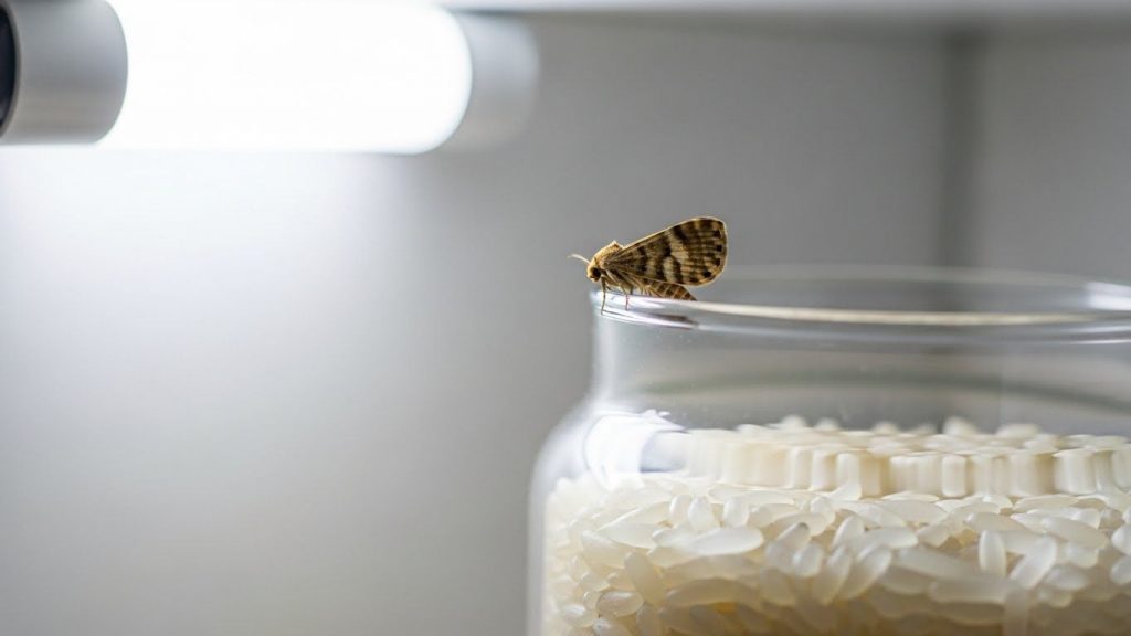 Moths 3 Pantry moth perched on a glass jar of rice inside a kitchen cupboard.