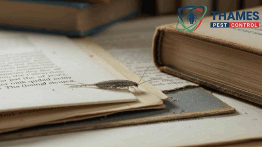 Paper silverfish on books, cardboard, or old documents, showing delicate body and feeding marks