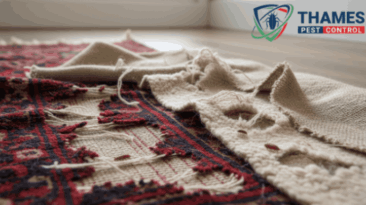 Severely damaged wool carpets and rugs with large eaten patches, thinning fibers, and fraying