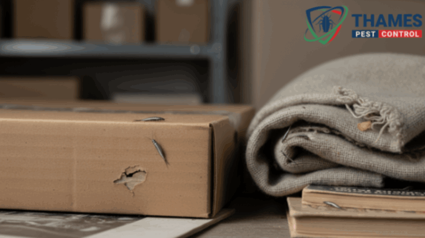 Silverfish in storage areas like boxes, clothing piles, or closets, with subtle paper/fabric damage