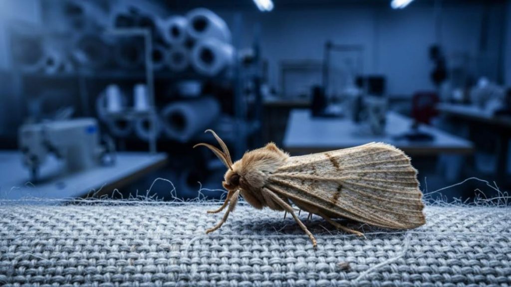 Moths 4 Textile moth resting on rolled woven fabrics inside a textile workshop.
