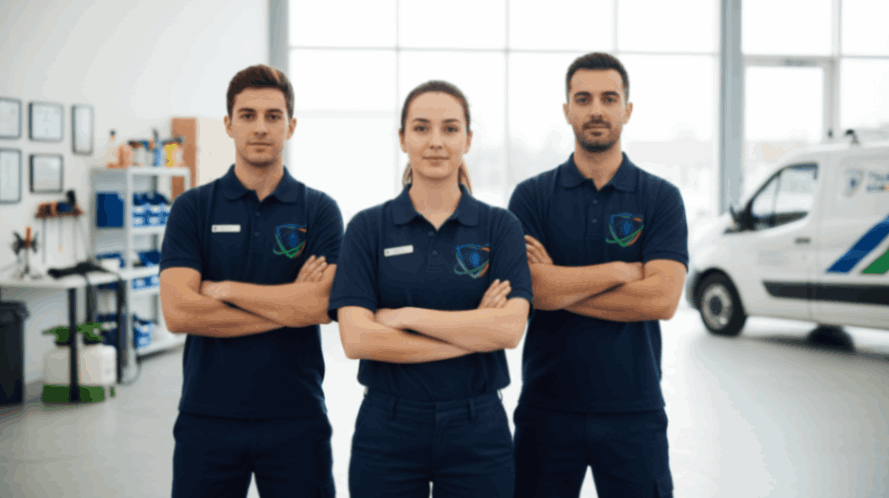 Professional service team in clean uniforms standing confidently with tools and certifications visible, representing trust and reliability