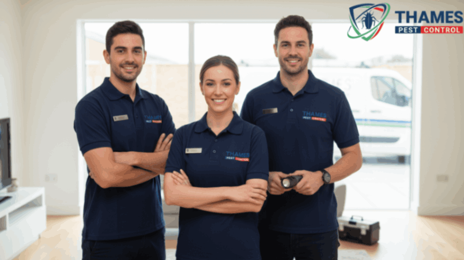 Professional service team in uniforms standing confidently in modern home, showing trust and expertise