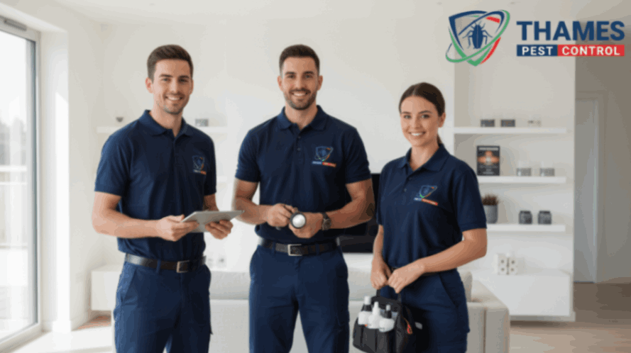 Professional pest control team in branded uniforms standing confidently in a clean, modern workspace.